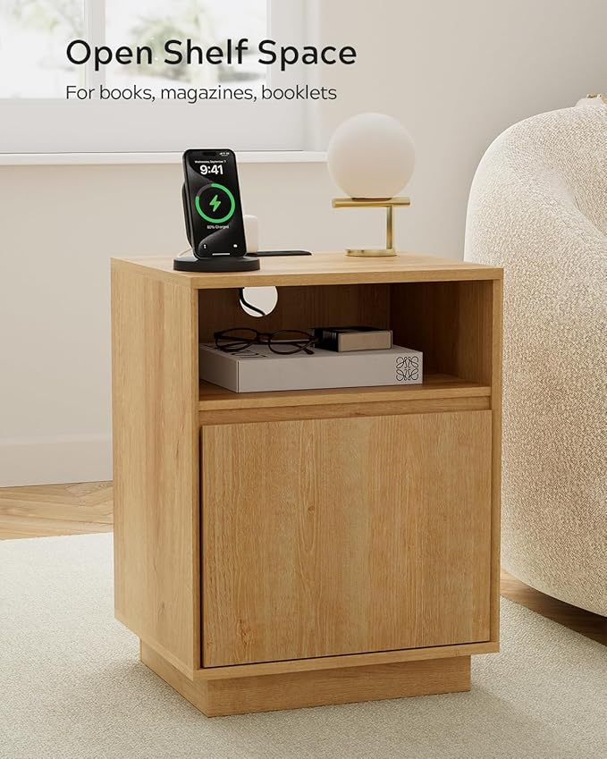 Farmhouse Night Stand Set of 2, Wood End Table with Door & Charging Station, Bedside End Tables for Bedroom, Sofa, Natural Oak