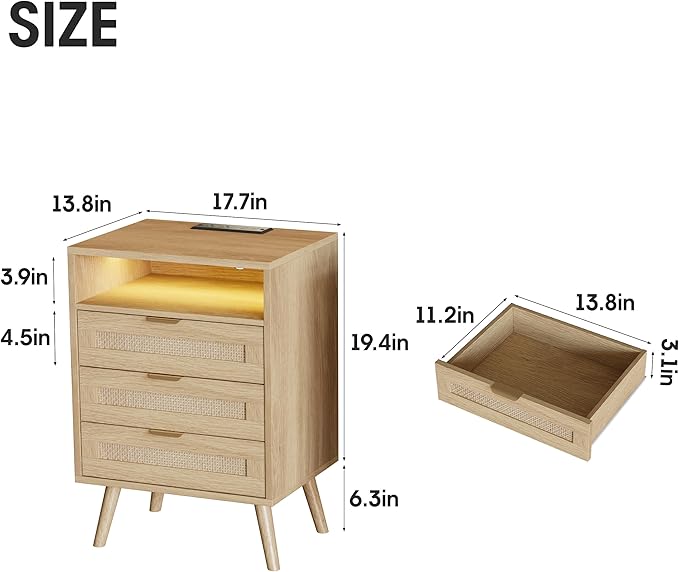 Rattan Nightstand with Charging Station USB Port Led Lights and 3 Storage Drawers, Bedroom Furniture Night Stand Bedside Table Bed Side Table End Table Sofa Table (1 Pack)