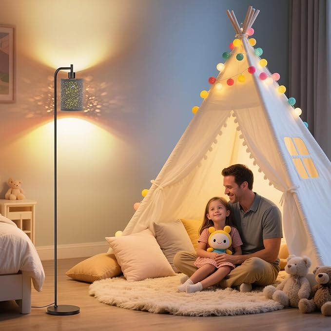 Floor Lamp with Linen Shade, Dimmable Tall Standing Lamp with Remote Control & 3 Color Temperatures, Modern Floor Lamps for Living Room Bedroom Office Corner, 9W LED Bulb Included