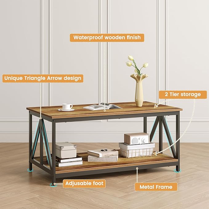 Bigbiglife Living Room Coffee Table Set of 3, Industrial Triangular-Design Coffee Table and 2 End Side Tables, 3 Piece Living Room Table Set with Large Storage for Apartment Home (Rustic Brown)