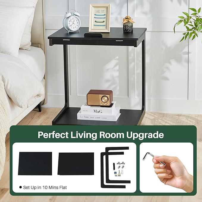 C Shaped Rolling End Table with Wheels - Solid Wood Side Table for Couch, Wooden Modern Tv Tray Bedside Tables for Sofa Armchair Living Room Bedroom, Black, 15.4 in x 23.6 in x 24.8 in