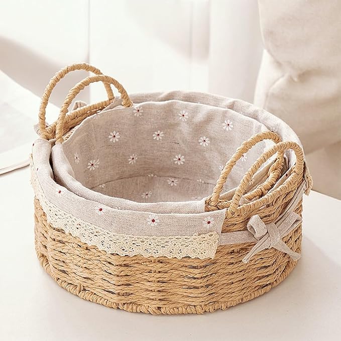 GIB Small Wicker Storage Baskets for Organizing, Decorative Woven Baskets with Handles & Liners, Boho Paper Rope Round Serving Baskets Trays for Shelves, Table, Gifts, Set of 2