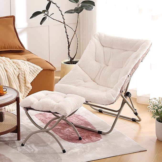 Comfy Folded Chair with Ottoman, Oversized Folding Faux Fur Chair Soft Furry Lounge Lazy Chair with Metal Frame Moon Chair Accent Chair for Bedroom, Living Room, Dorm Rooms
