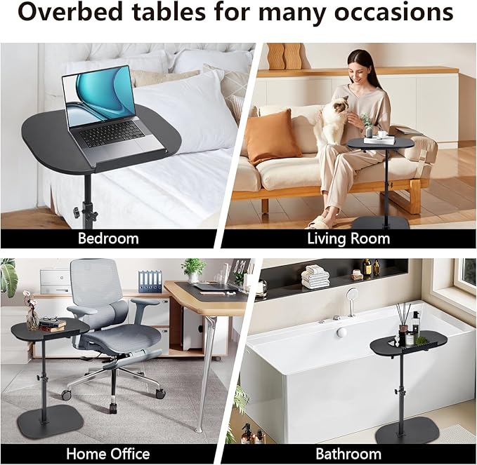 Side Table TV Tray for Couch,90° Tiltable Laptop Table Height Adjustable 360° Swivel C Shaped End Table for Small Spaces,Bedside Bathroom Living Room (Black)