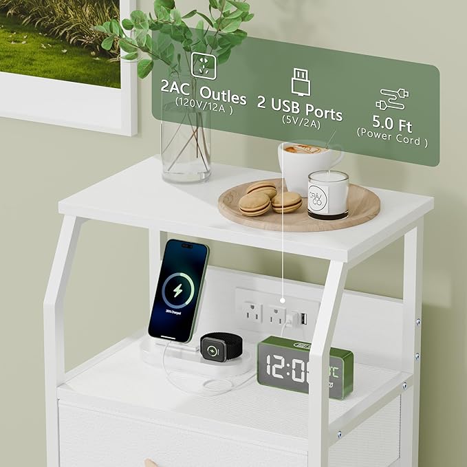 Furnulem Night Stand with Charging Station, Dresser with PVC & Fabric Drawers, 33.3 Inch Side Table with Open Shelf, Tall Bedside Table for Closet, Entryway, Bedroom Furniture, 3 Ways to Use, White