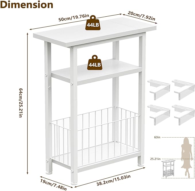Heybly Small Narrow Side Table for Small Space, Thin Bedside Table with Storage Basket, Skinny End Table, 25.2" Tall Nightstand, Couch Table for Living Room, Bedroom, Study, Kitchen, White, HET004WT1