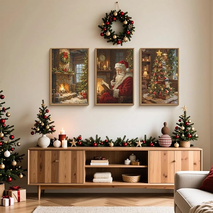 BICERE Large Vintage Christmas Framed Canvas Wall Art Set,Santa Reading Book Wall Decor,Retro Xmas Tree Art Prints,Snowy Winter Fireplace Artwork for Living Room,Bedroom,Farmhouse -24"x36"x3