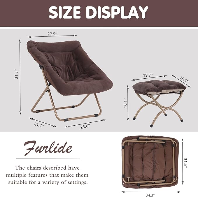 Saucer Chair with Ottoman, Oversized Folding Faux Fur Chair, Foldable Metal Frame Chair for Bedroom, Living Room, Balcony, Patio, Study, Playroom (Coffee)
