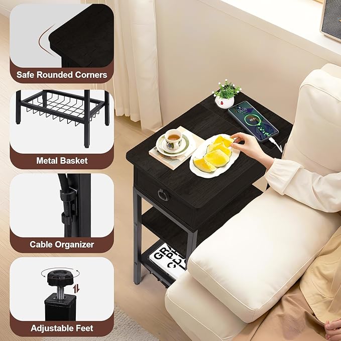 Small Black Side Table Charging Station for Bedroom, Narrow Black Living Room End Tables with Storage, Skinny USB Nightstand with Outlet, Gaming Coffee Table for Couch with USB Ports
