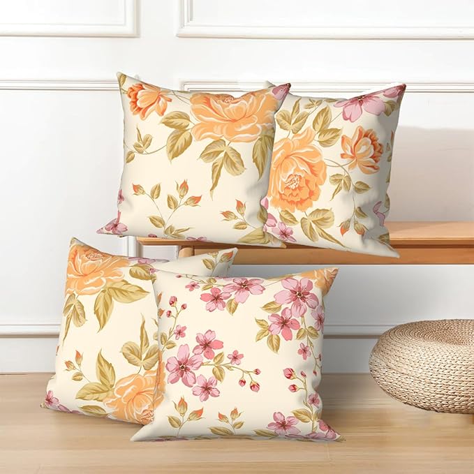 Spring Flower Pillow Covers 20"x20" Set of 4, Vintage Yellow Floral Pillowcases Countryside Cushion Cases for Chair Sofa Bed Living Room Garden Car Indoor Outdoor Party Home Decoration