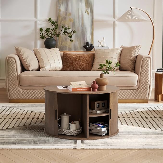 Coffee Table with Storage,31.5" Wood Round Coffee Table Hidden Storage and Open Shelves with 360°Curved Sliding Door,for Living Room Office Apartment,Brown