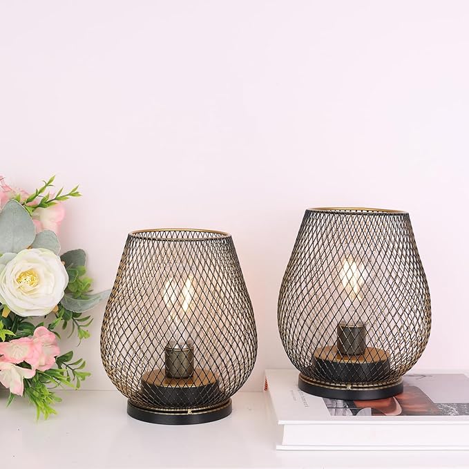 NEEDOMO Set of 6 Battery Operated Lamp Outdoor Table Lantern, LED Metal Cage with Timer Mode, Vintage Decorative Lights Cordless Lamp Indoor Outdoor Patio Bedroom Living Room (Golden)