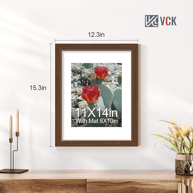 VCK 11x14 Picture Frame 2 Pack - Brown, High-End Wood Poster Frames with Tempered Glass, Display 8x10 Photo with Mat or 11x14 without Mat, Art Gallery-Quality, Wall Hanging, Brown