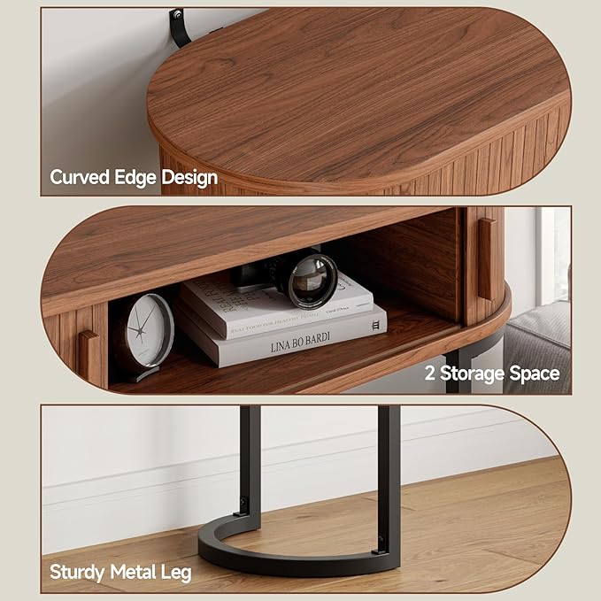 ONBRILL 55 Inch Console Table with 2 Drawers, Entryway Table with Sliding Door, Long Sofa Table Behind Couch w/Metal Leg, Mid-Century Modern Console Table for Entryway, Hallway, Living Room, Walnut