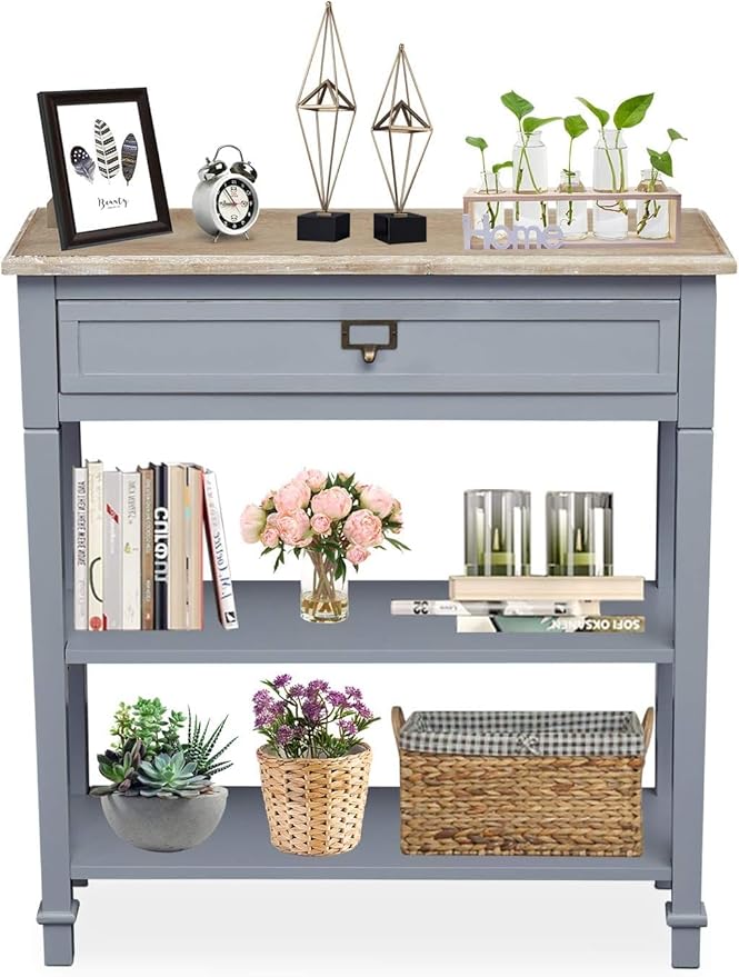 Kinfant Console Entryway Table with Storage - Gray Console Table with Drawer and Storage Shelf, Wood Sofa Table for Living Room Bedroom Hallway