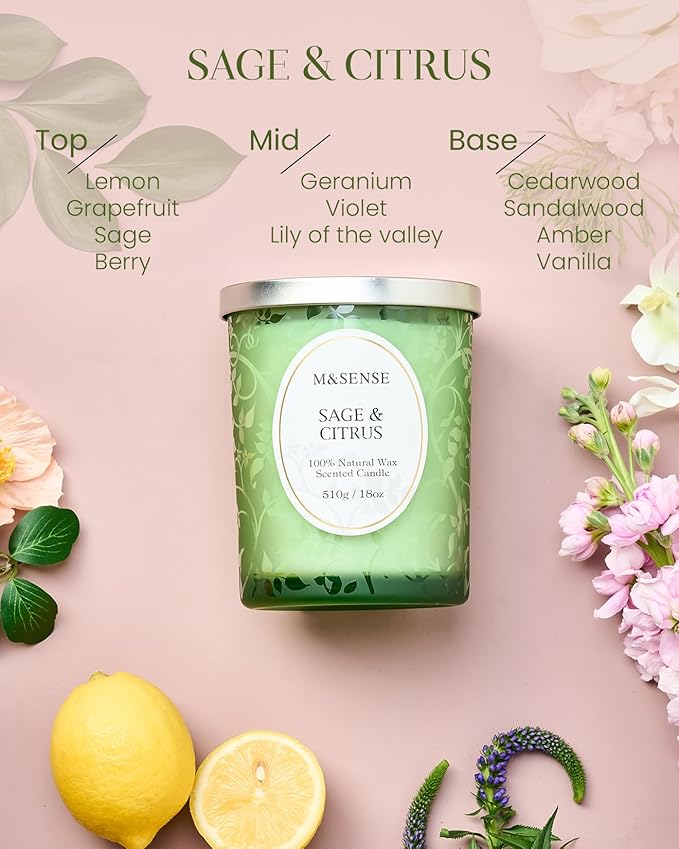 M&SENSE Sage Citrus Scented Candle, Cracking Wooden Wick Soy Wax, 18oz 100 Hours Long Lasting Clean Burn, Large Jar Candles for Home Decor, Non-Toxic Relaxing Aromatherapy Gifts for Women