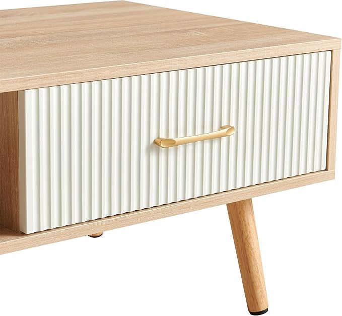 IANIYA Boho Coffee Table with Storage, Dining Table with Rattan Drawer and Solid Wood Legs, Small Center Tables for Living Room Small Space (Natural/White)