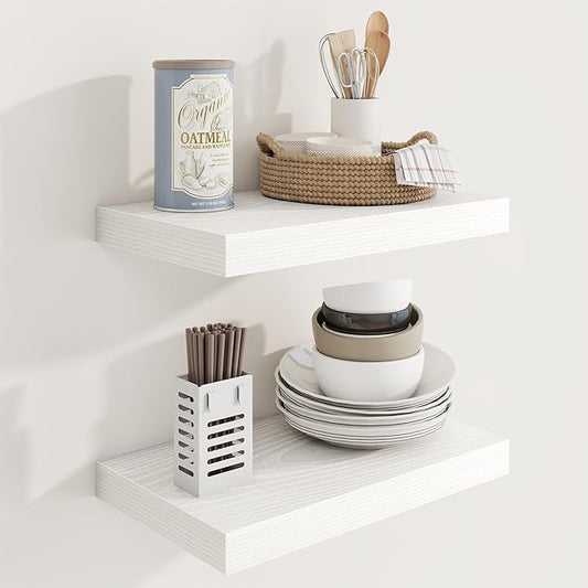 16in Floating Shelves for Wall, 16"W x 9.25"D x 1.25"H, 2 Pack Long Wall Mounted Engineered Wood Shelves with Invisible Brackets for Living Room, Bedroom, Bathroom, Kitchen Decor and Storage, White