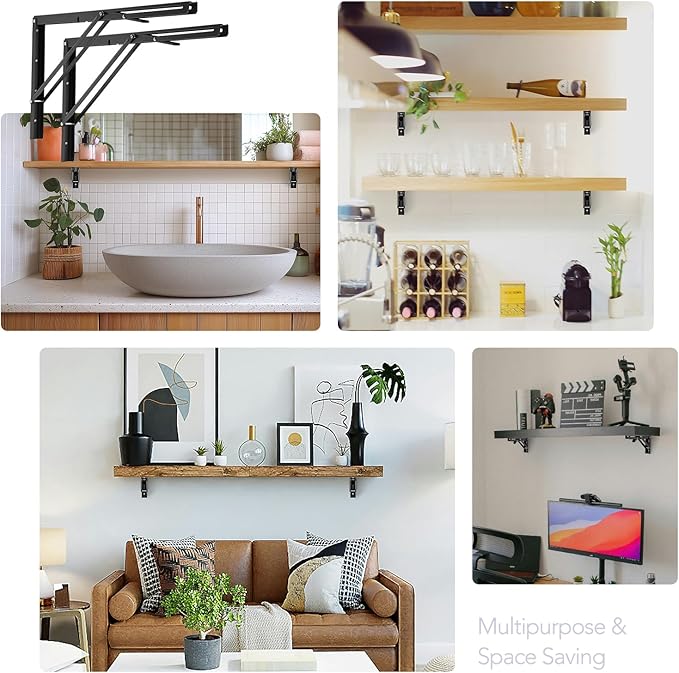 JOY DECOR 22 Inch Heavy Duty Folding Shelf Brackets, 4 Pack (2 Pairs) Collapsible Wall Mounted Brackets for Fold Down Table, Stainless Steel Folding Table Hinge, Matte Black