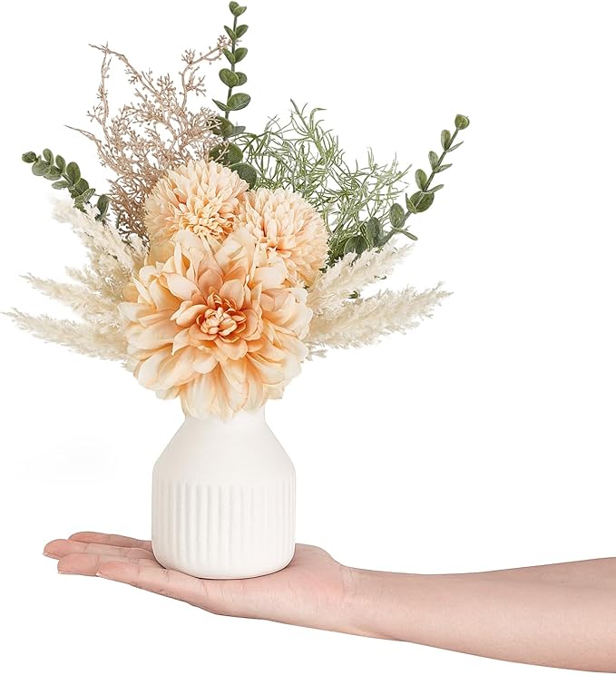 Mkono Small Artificial Flowers in Ceramic Vase 13.5" Centerpieces Coffee Table Decor, Silk Flower Arrangements for Home Decor Indoor Fake Flower Bouquet for Bathroom Dining Room Kitchen Champagne
