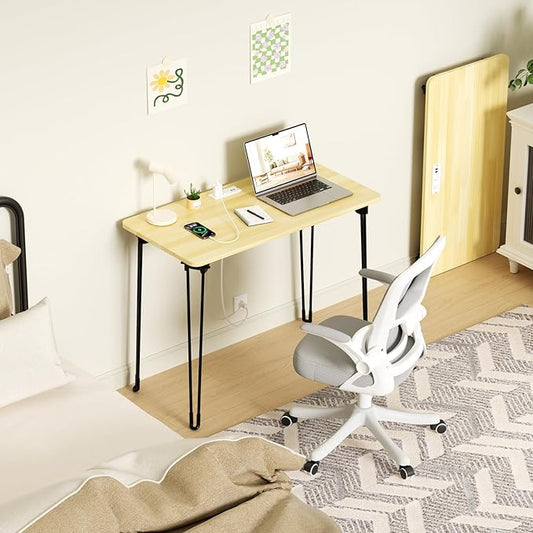 Mini Desk No Assembly Required, 31.5" Small Desk for Bedroom with Power Outlet & Hairpin Legs, 31.5" Foldable Desks for Small Spaces & Home Office, Beige Floor Patten