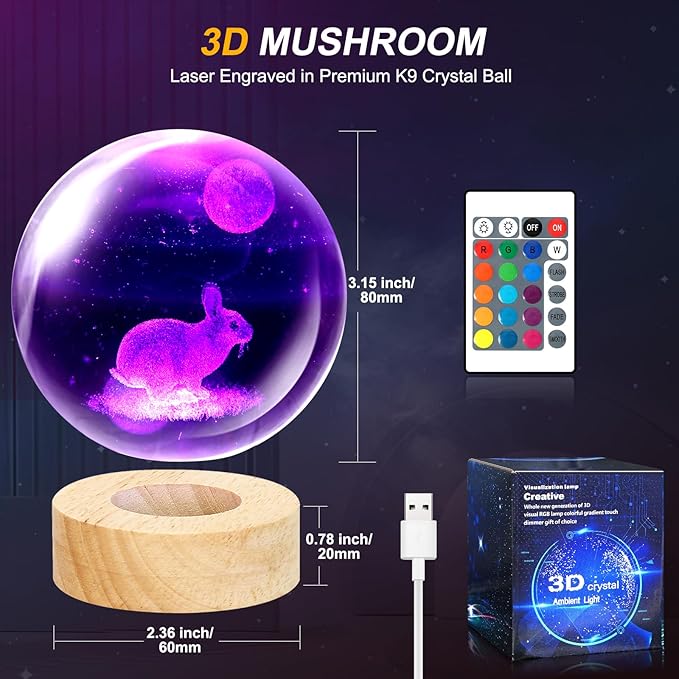 Rabbit Crystal Ball Night Light - 3.15 Inch 16 Color LED Rabbit Glass Ball Lamp with Wooden Base and Remote Control - Perfect Decorations Gifts for Kids, Boys, Girls, Teens