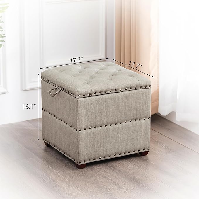 Adeco 18 Inch High Cube Ottoman Storage, Linen Beige Chair Foot Stools with Tray, Upholstered Vanity Stool with Solid Wood Legs