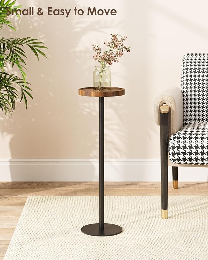 Drink Table, Small Pedestal Side Table, Round Cocktail Table, Circle Accent End Table with Metal Base, for Small Spaces (1, Brown Walnut)