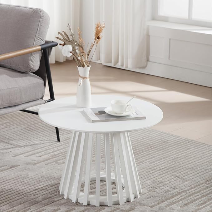 Round Coffee Table, Modern Small Side Table for Living Room, White, 24Inch