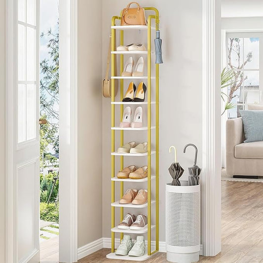 10 Tiers Vertical Shoe Rack, Narrow Shoe Tower, Tall Shoes Shelf with 2 Hooks, Adjustable Shelves, Corner Shoes Shelves for Small Spaces, Entryway, Living Room, White Gold SR11213A