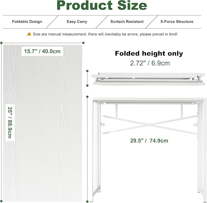 Small Folding Desk 35 inch, No Assembly Required Narrow Office Desk, Writing Gaming Computer Camping Table, White