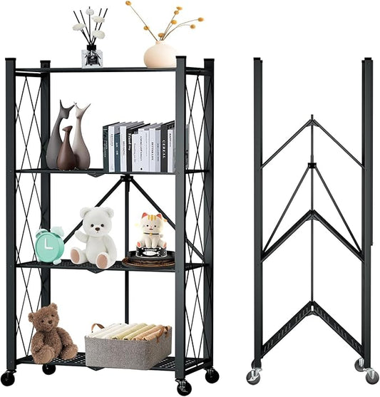 4 Tier Foldable Storage Shelf with Wheels, Heavy Duty Folding Shelf Loads 600 LBS, Metal Steel Collapsible Shelves, Rolling Standing Utility Rack for Kitchen, Pantry, Office, Black
