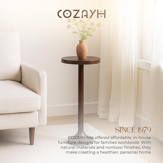 Small Pedestal End Table, Metal Base Side Table, Drinking Table with Scratching Distressed Finish, Light Espresso