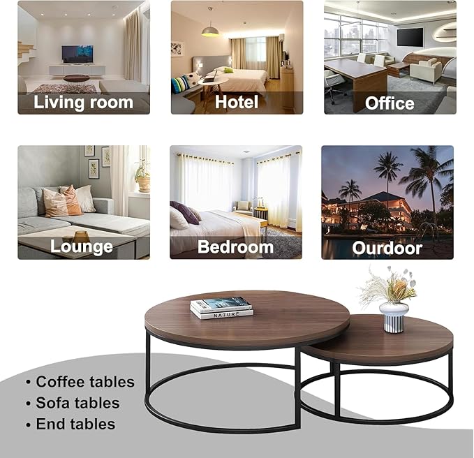 Round Nesting Coffee Table Set of 2, Modern Minimalist Accent Tables for Living Room, Bedroom, Office, Stackable Side Tables (Walnut)