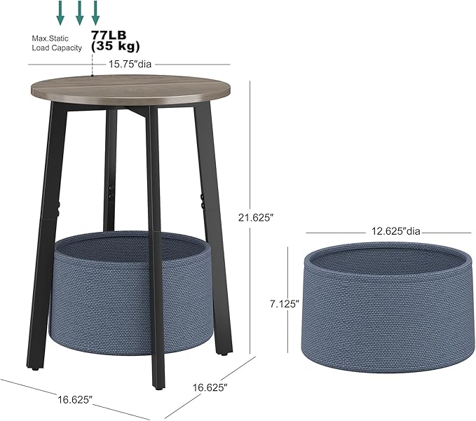 Small Round Side End Table with Cloth Storage Basket, Round Bedside Sofa Couch Coffee Tables for Small Places with Metal Frame, Modern Nighstands for Living Room Bedroom, Grey
