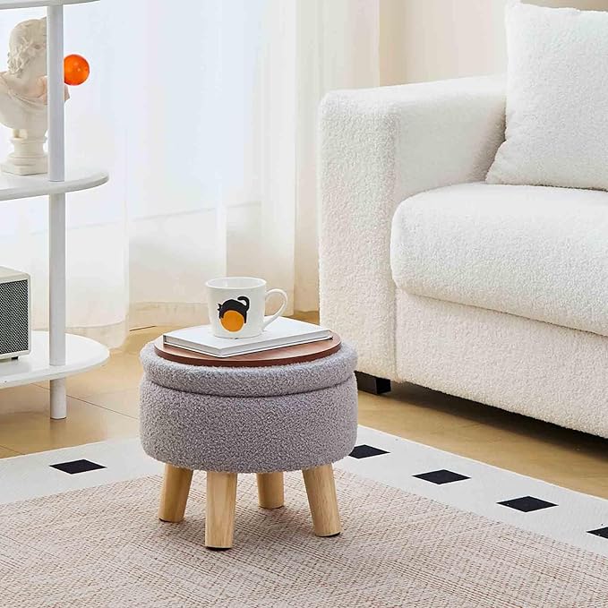 Wimarsbon Storage Ottoman, Modern Round Footrest with Soft Padded Seat, Teddy Velvet Footstool with Wood Legs, Accent Small Table or Plant Stand for Hallway, Living Room (Grey)