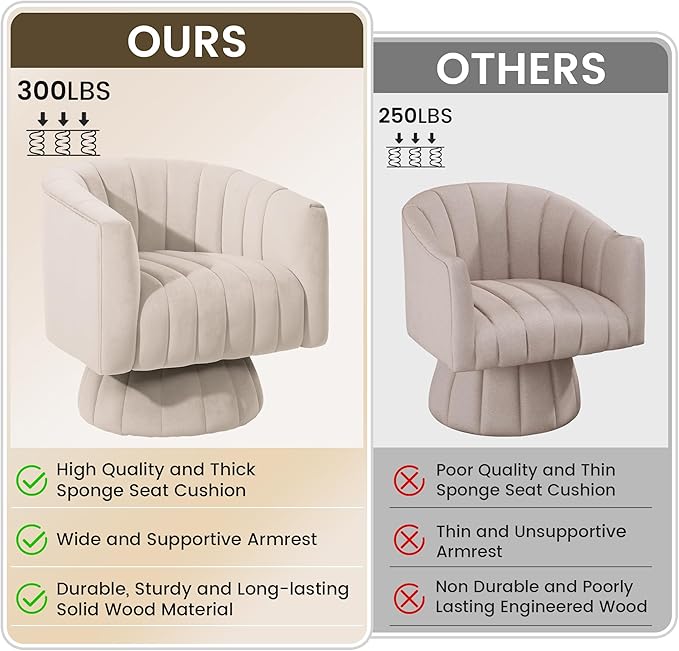 Kromax Swivel Accent Chair with Armrest, Set of 2, Mid Century 360 Degree Swivel Barrel Chair Overstuffed Tufted Velvet, Ideal for Living Room, Bedroom, Reading Room, Beige