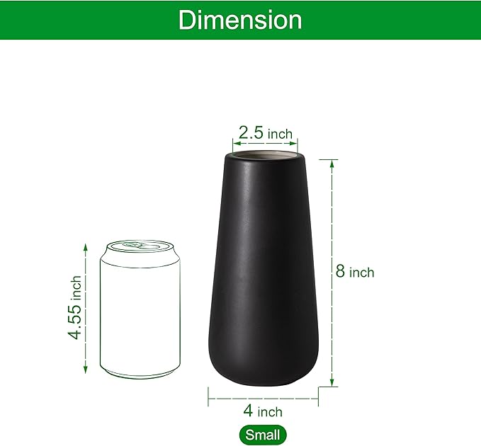 D'vine Dev 8 Inch Ceramic Flower Vase Matte Finishing, Minimalist Design for Home Décor, Bedroom, Living Room, Centerpieces, Office, Ebony Black, VS-XH-E-1