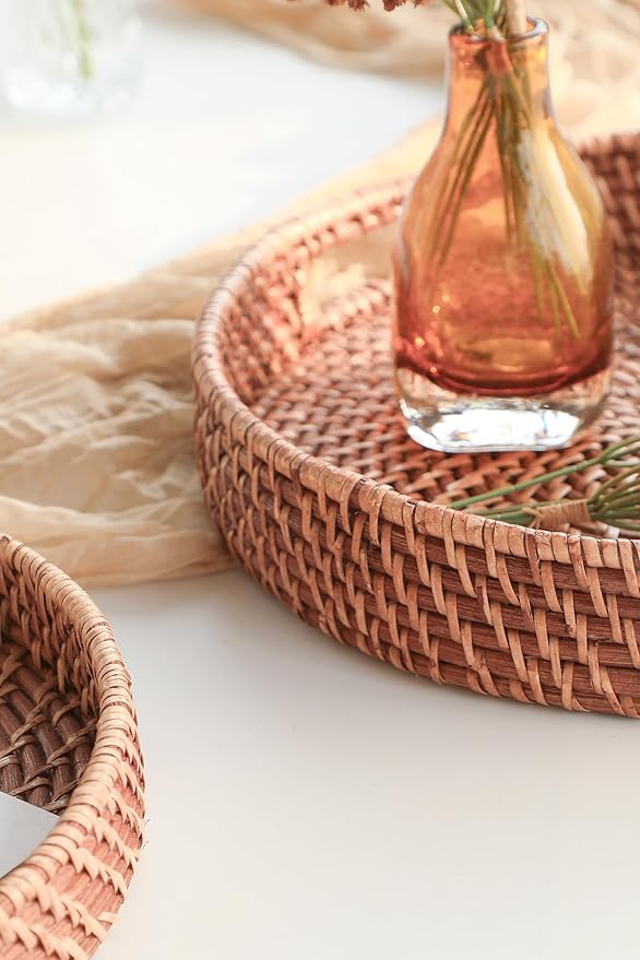 HITOMEN 14.2" Hand-Woven Round Rattan Serving Tray Decorative Ottoman Wicker Platter with Handles for Coffee Table, Breakfast, Drinks, Snack, Bread, Fruit, Vegetables (Honey Brown-L)