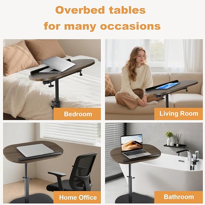 Side Table TV Tray for Couch,90° Tiltable TV Tray Table Height Adjustable 360° Swivel C Shaped End Table for Small Spaces,Bedside Bathroom Living Room(Walnut Color) (Tiltable Walnut)