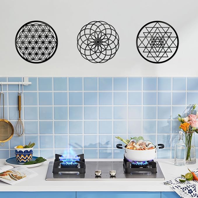 3 Pcs Metal Abstract Wall Decor, Minimalist Lines Wall Hanging Art Painting, Modern Geometric Black Wall Sculpture Suitable for Home Office, Hotel Living Room, Bedroom and other Home Decoration（Circle）