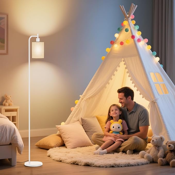 Floor Lamp with Linen Shade, Dimmable Tall Standing Lamp with Remote Control & 3 Color Temperatures, Modern Floor Lamps for Living Room Bedroom Office Corner, 9W LED Bulb Included