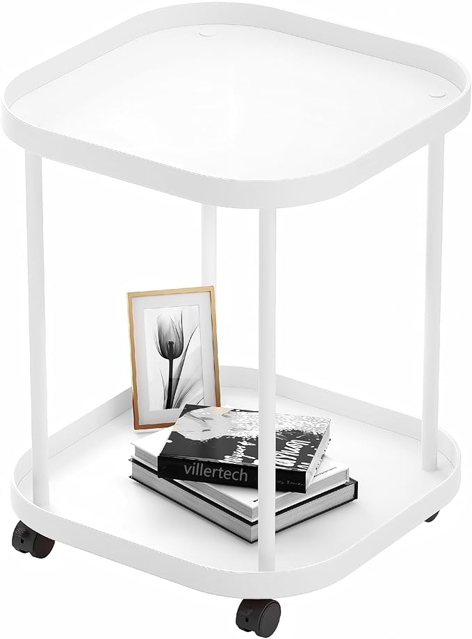 Side Table with Wheels, End Table Living Room Plastic Mobile Sofa Side Table Small Night Stand Bedroom Matte White