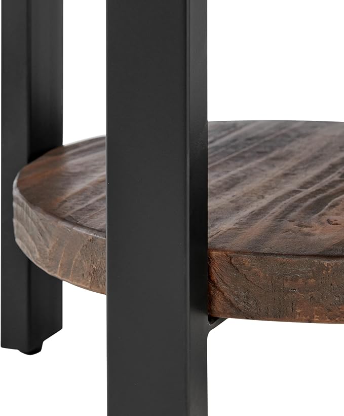 Pomona 20 in. Round End Table with 2 Shelves, Solid Wood Top, Metal Legs, Rustic Natural Brown Finish - Living Room Furniture