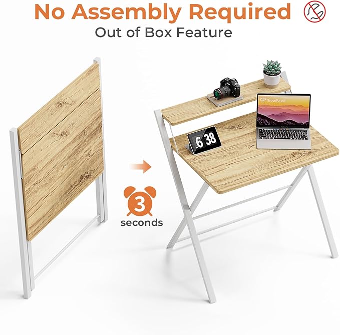 GreenForest No Assembly Folding Desk, 2-Tier Compact Computer Desk with Shelf, 30 inch Space Saving Foldable Table for Home Office, Dorm or Apartment, Portable Collapsible Sturdy Laptop Desk, Oak