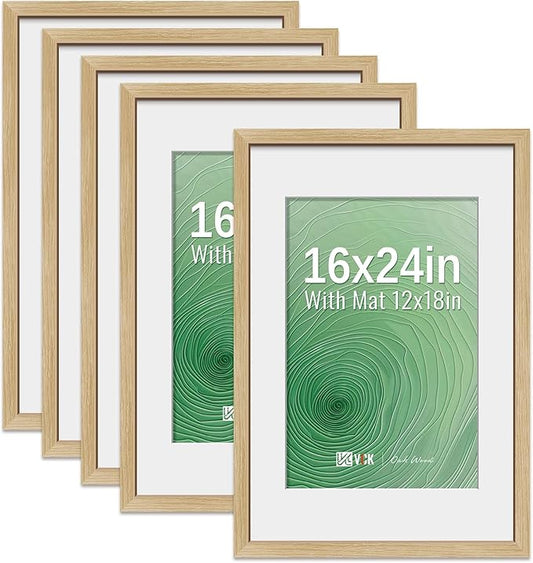 VCK 16x24 Poster Frame 5 Pack - Natural Oak, High-End Wood Picture Frames with Polished Plexiglass, Display 12x18 Photo with Mat or 16x24 without Mat, Art Gallery-Quality, Wall Hanging, Natural Oak