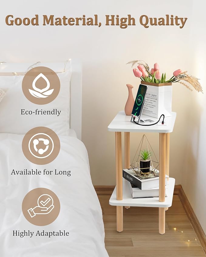 FORAOFUR End Table with Charging Station, End Tables with USB Ports and Outlets, Small Side Table for Living Room, Bedroom & Office, Two-Tier Narrow Side Table, Easy Assembly