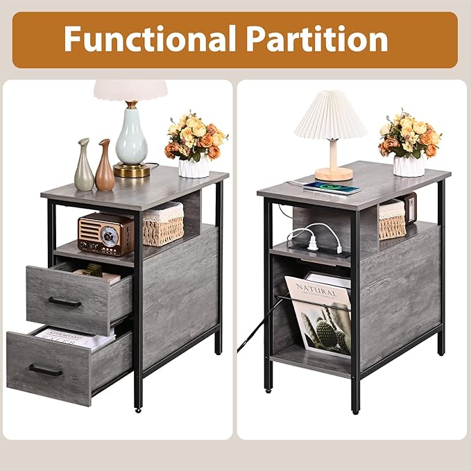 Livofloral Side Table, Gray End Tables with Charging Station, Narrow End Table with Wooden Drawers, USB Ports and Power Outlets, Nightstand and Bedside Table, Side Table Living Room, Bedroom