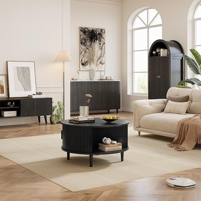 Mid Century Round Coffee Table, Fluted Center Table with Sliding Door, Modern Dining Table with Storage for Home Living Room Office, 31.5", Black