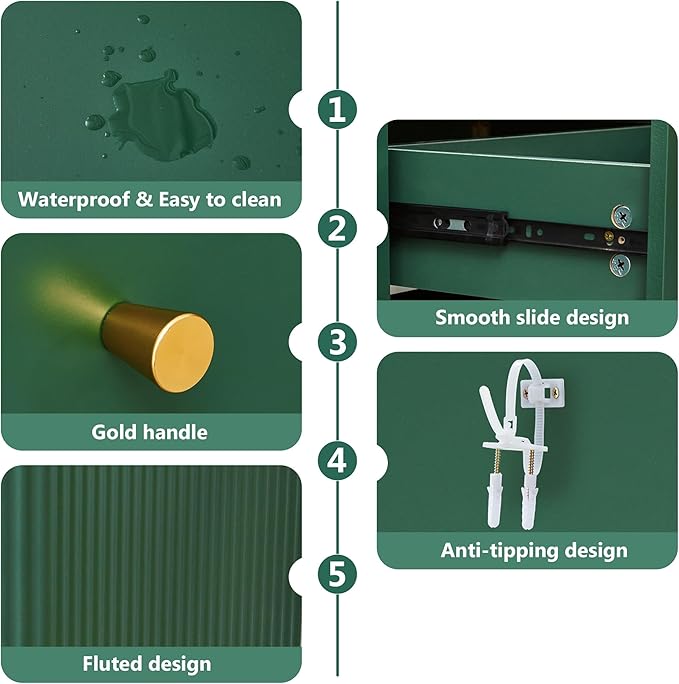 Fluted Console Table with Drawers, Mid-Century Narrow Entryway Table with Open Storage Shelves, Hallway Accent Tables Behind Couch Tables for Living Room (Green)